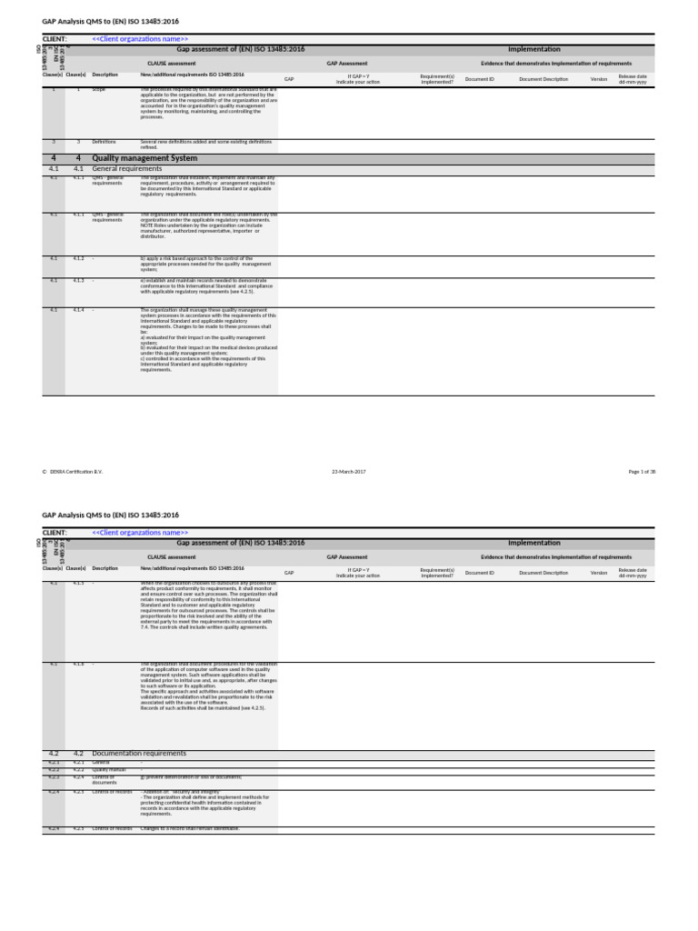 ISO 9001 vs ISO 13485 Gap Analysis | PDF | Quality Management System ...