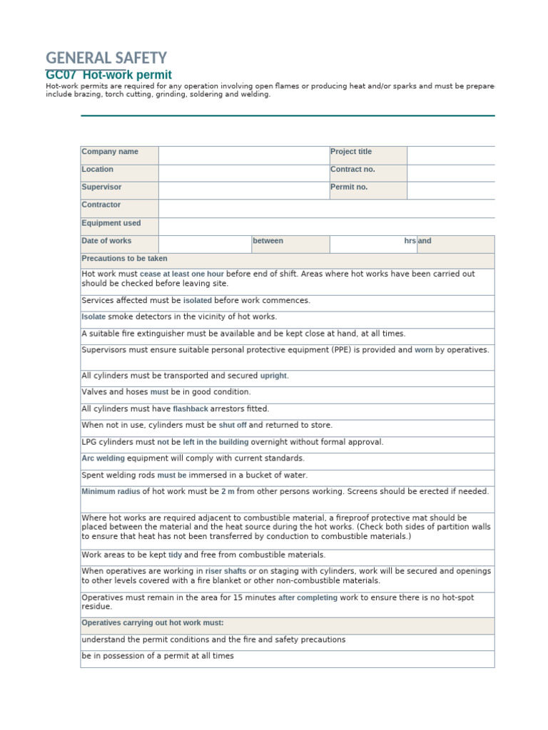 Hot Work Permit and Safety Procedures | PDF | Welding | Construction