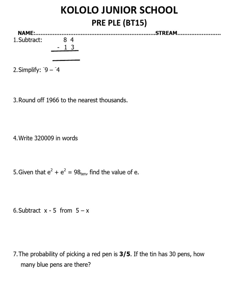 KOLOLO JUNIOR SCHOOL PRE PLE MATHS TEST | PDF | Mathematics