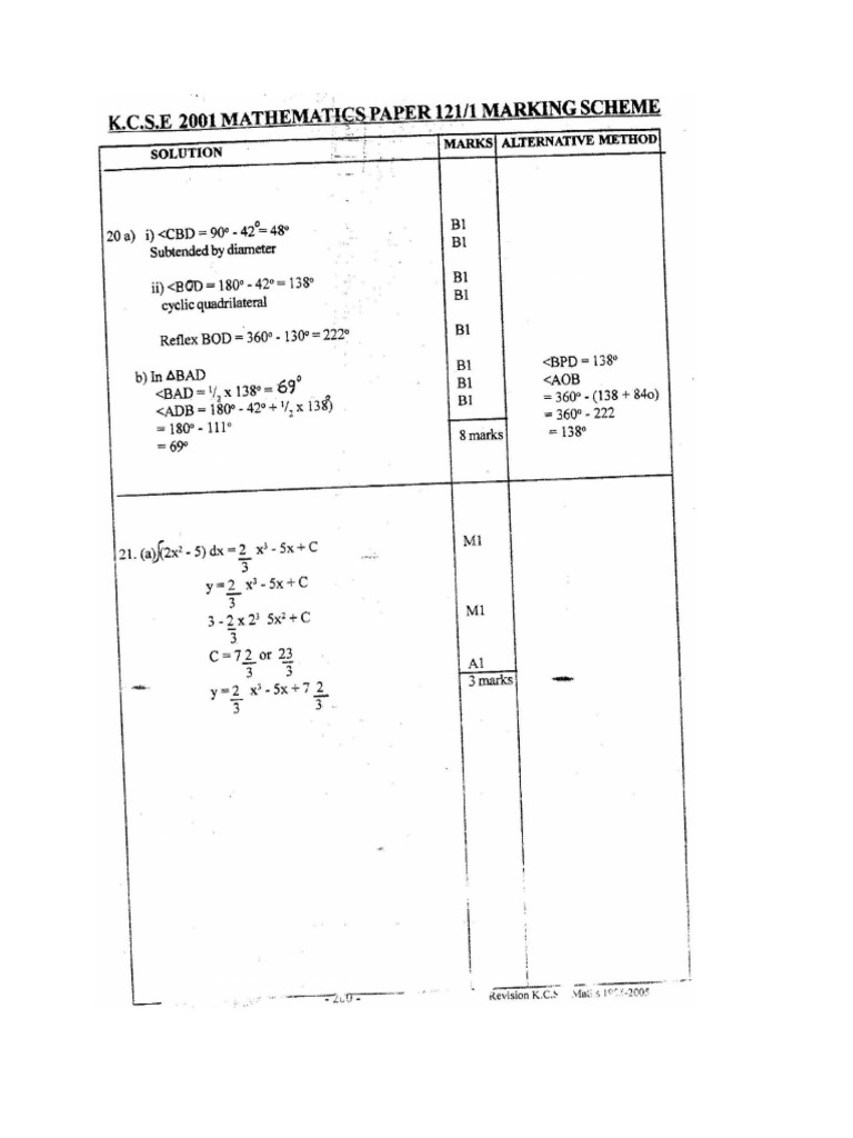 2001kcse Mathematics Paper 1 Answers 1 | PDF
