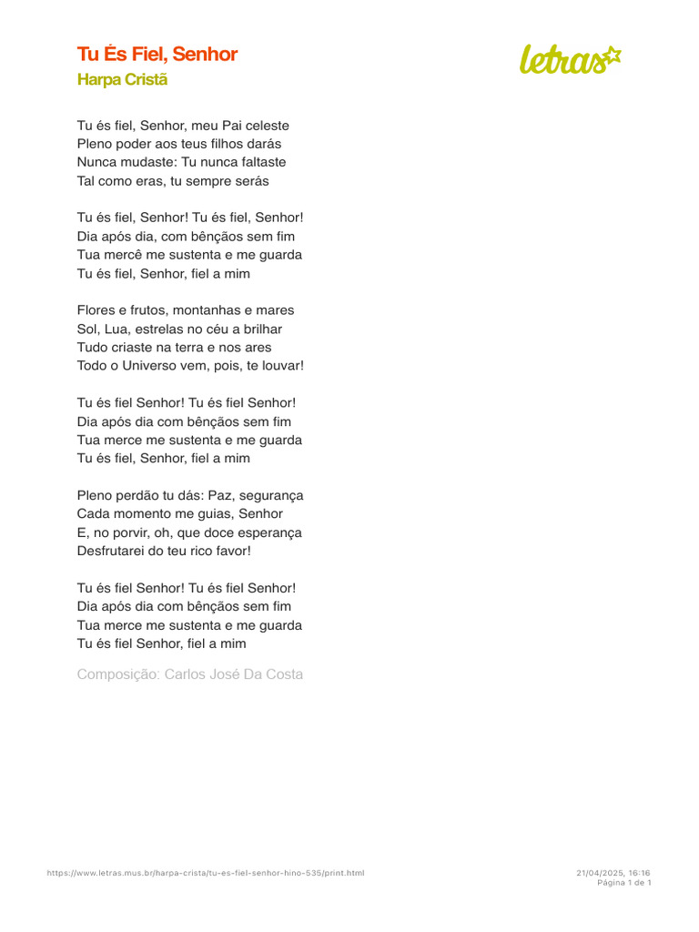 Letra do Hino 