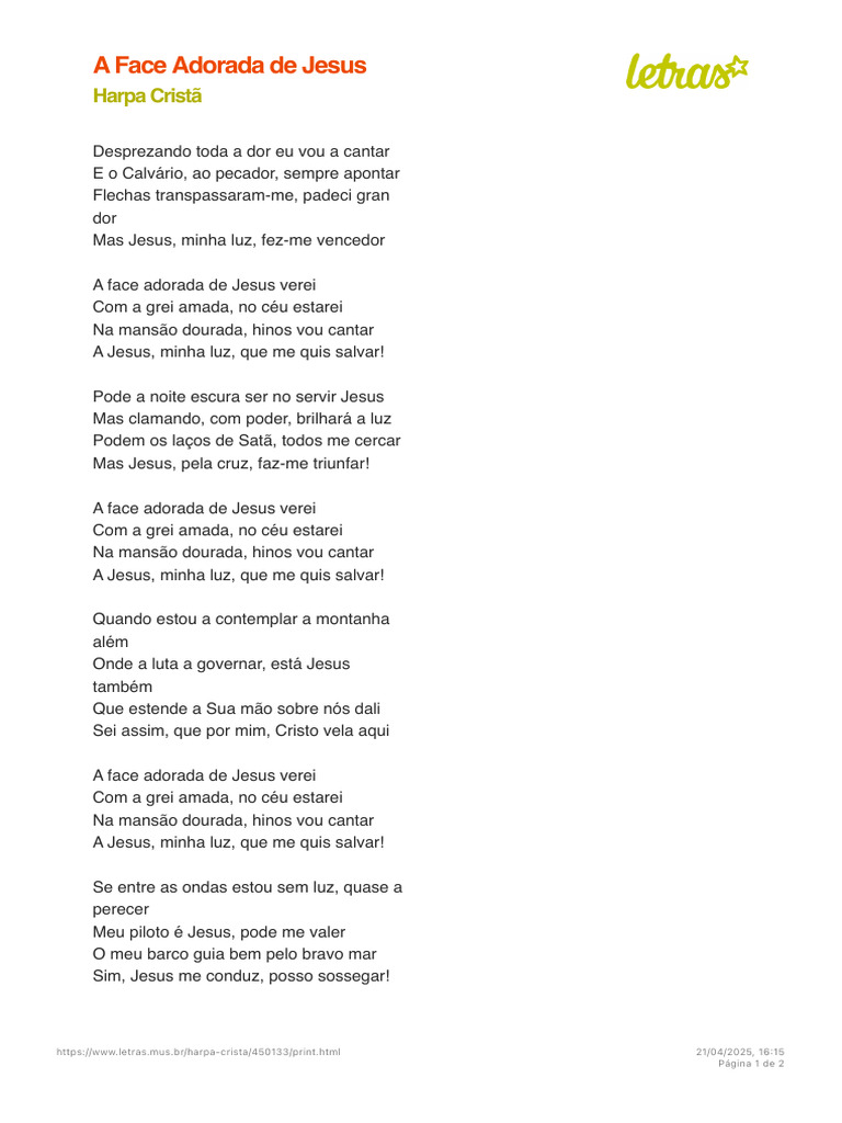 A FACE ADORADA DE JESUS - Harpa Cristã (Impressão) | PDF