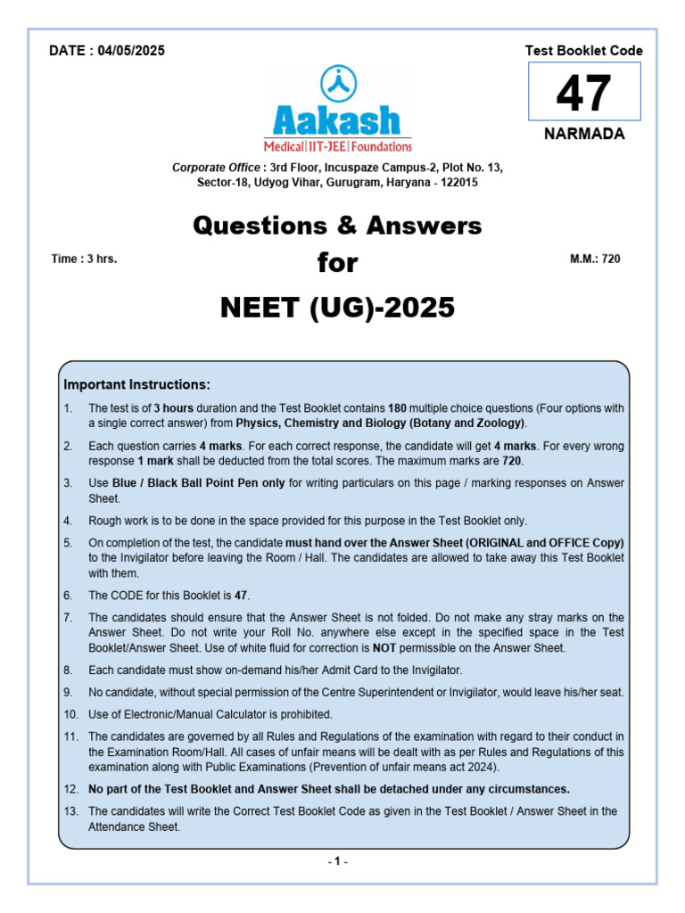 NEET UG 2025 Question Paper Code 47 | PDF | Series And Parallel ...