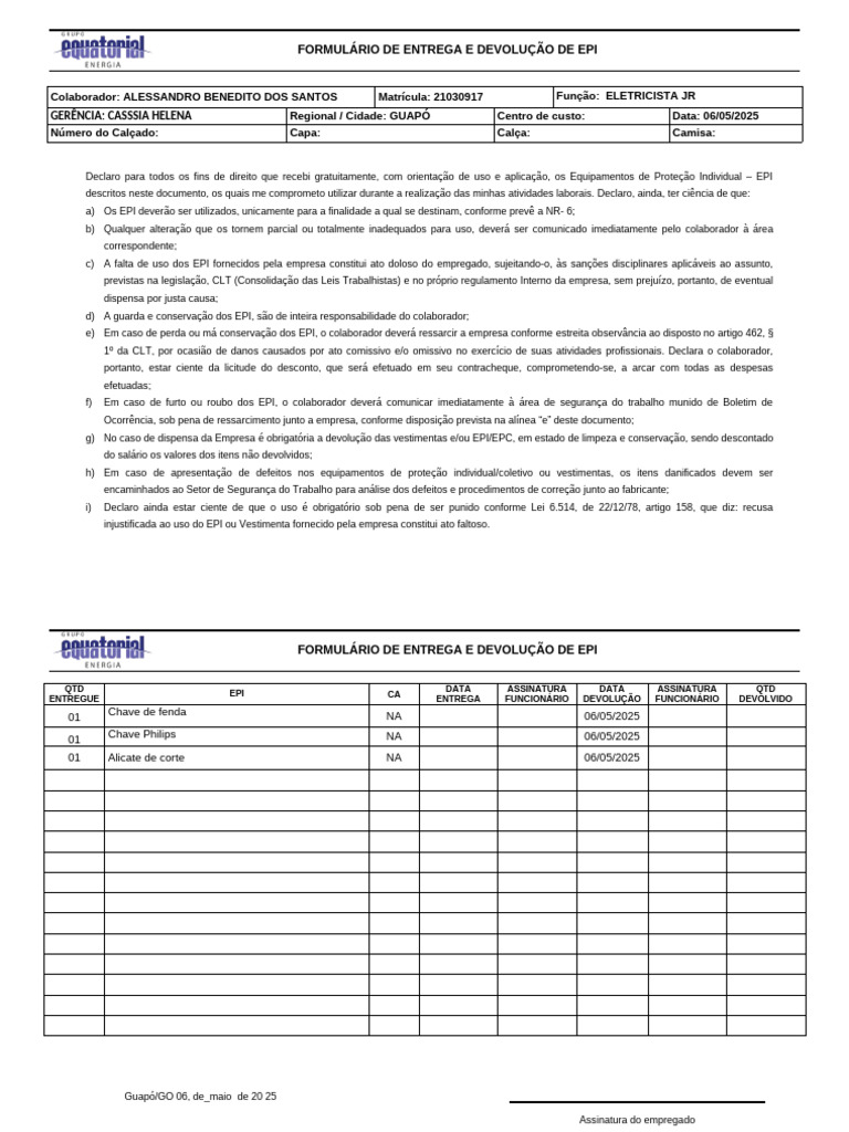 Formulário de Entrega de EPI 2025 | PDF