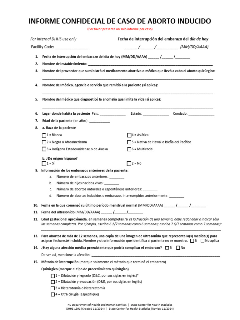 NCDHHS 1891 Abortion Case Report Form - Spanish-E | PDF | Aborto ...
