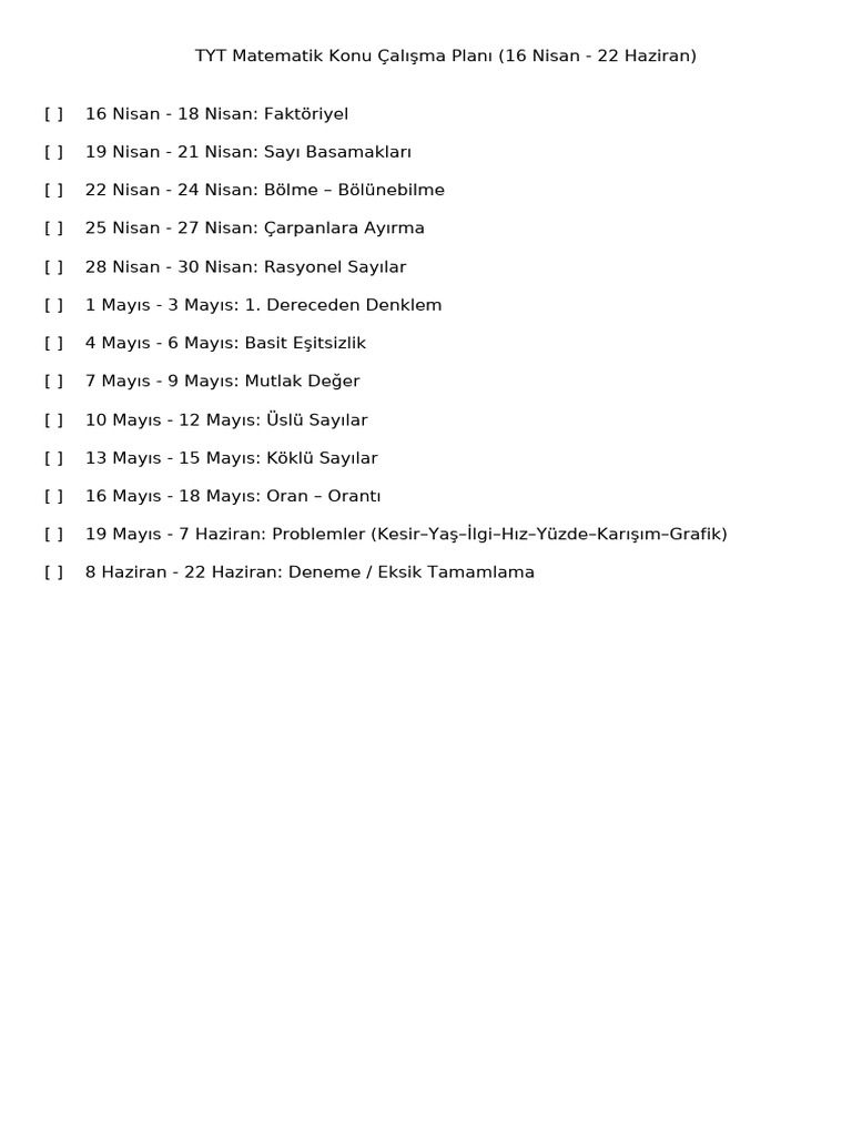 TYT Matematik Konu Takvimi Turkce Tam | PDF