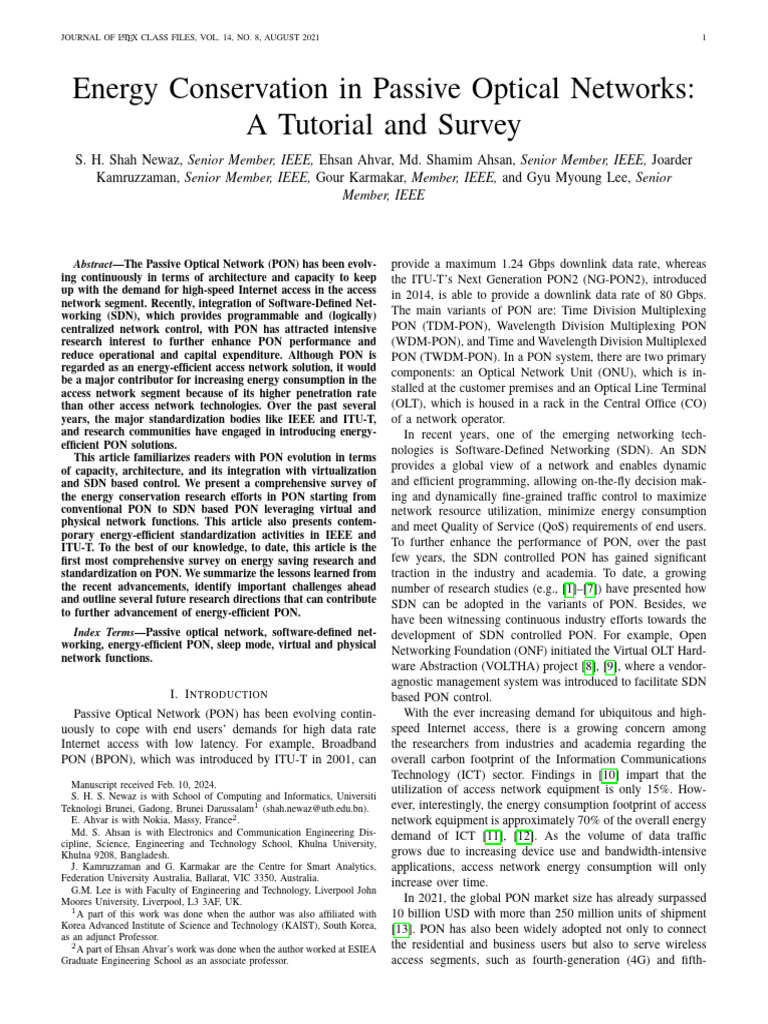 Energy Conservation in Passive Optical Networks A Tutorial and Survey ...