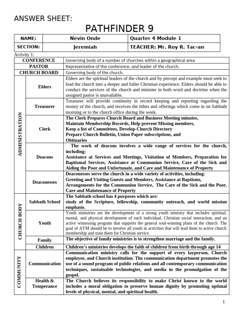 PATHFINDER-9-Q3-M2 Answers | PDF | Elder (Christianity) | Deacon
