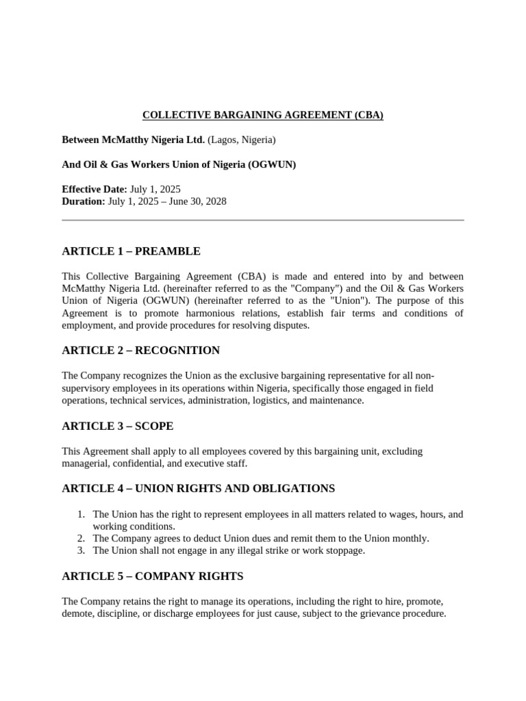 CBA Between McMatthy Nigeria Ltd. & OGWUN | PDF | Collective Bargaining ...