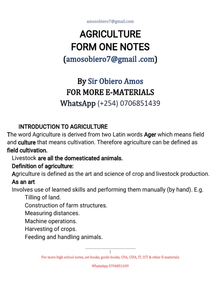 Form One Agriculture Notes | PDF