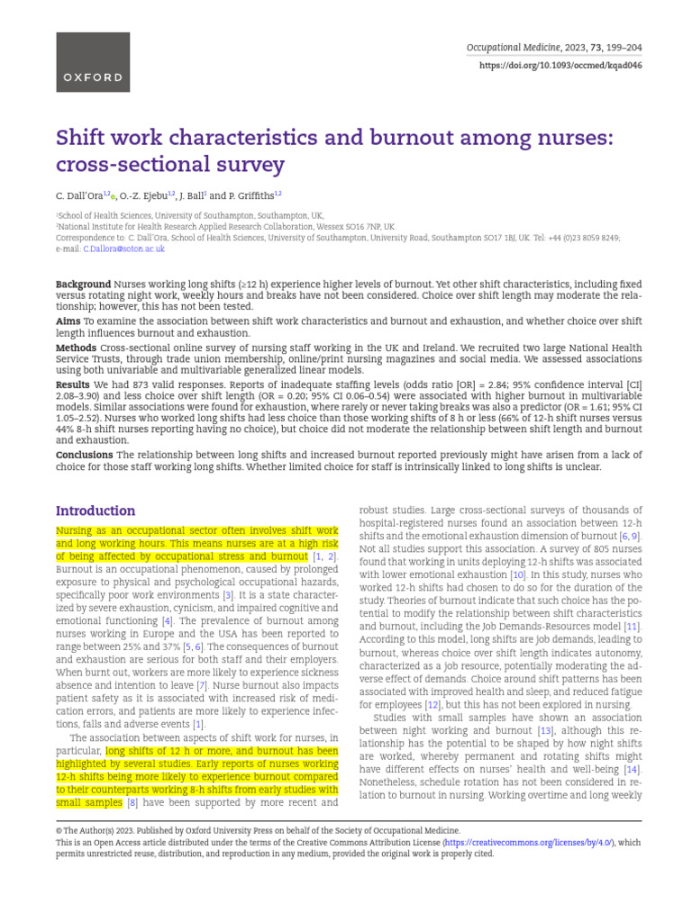 2 - Shift Work Characteristics and Burnout Among Nurses Cross-Sectional ...