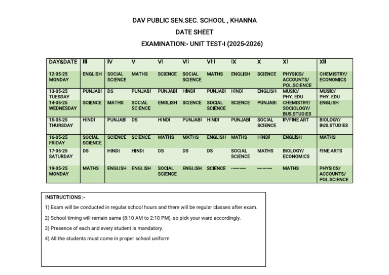 Unit Test Date Sheet Dav | PDF