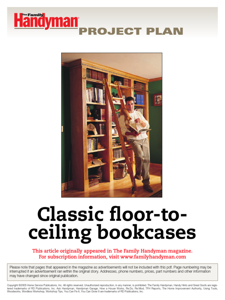 Classic Floor-to-Ceiling Bookcase Plans | PDF | Drilling | Wood