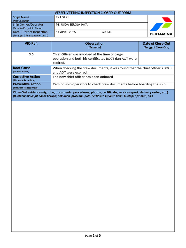 3.6 - Close-Out-Form BOCT Dan AOT Chief Officer | PDF | Shipping ...