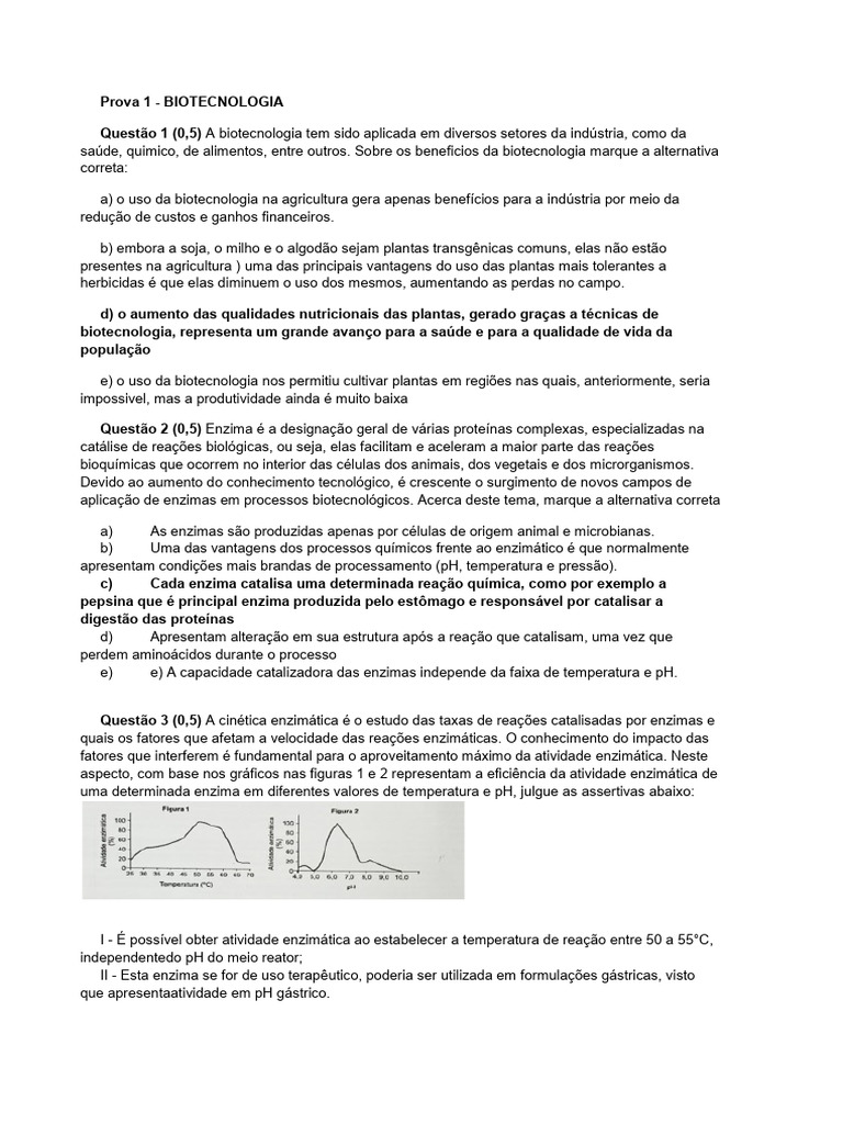 Prova de Biotecnologia: Questões e Respostas | PDF | Enzima | Reação em ...