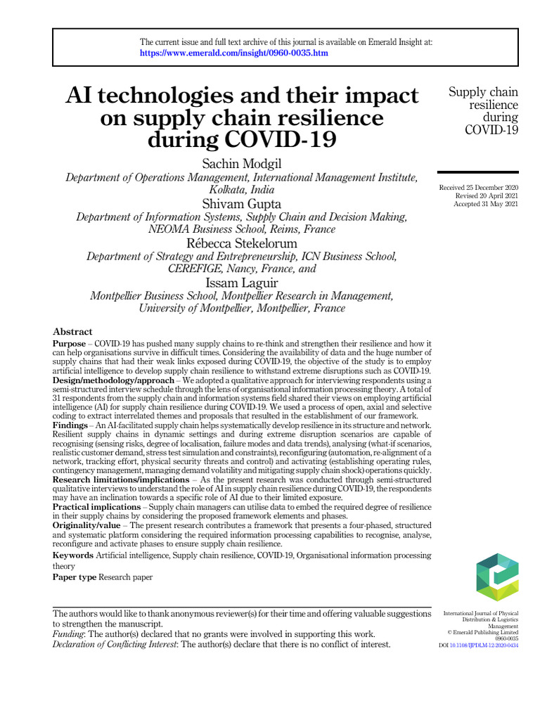 AI-Driven Supply Chain Resilience in COVID-19 | PDF | Supply Chain ...