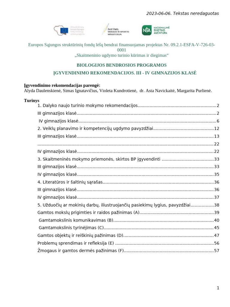 Vidurinio Ugdymo Biologijos Bendrosios Programos Igyvendinimo ...