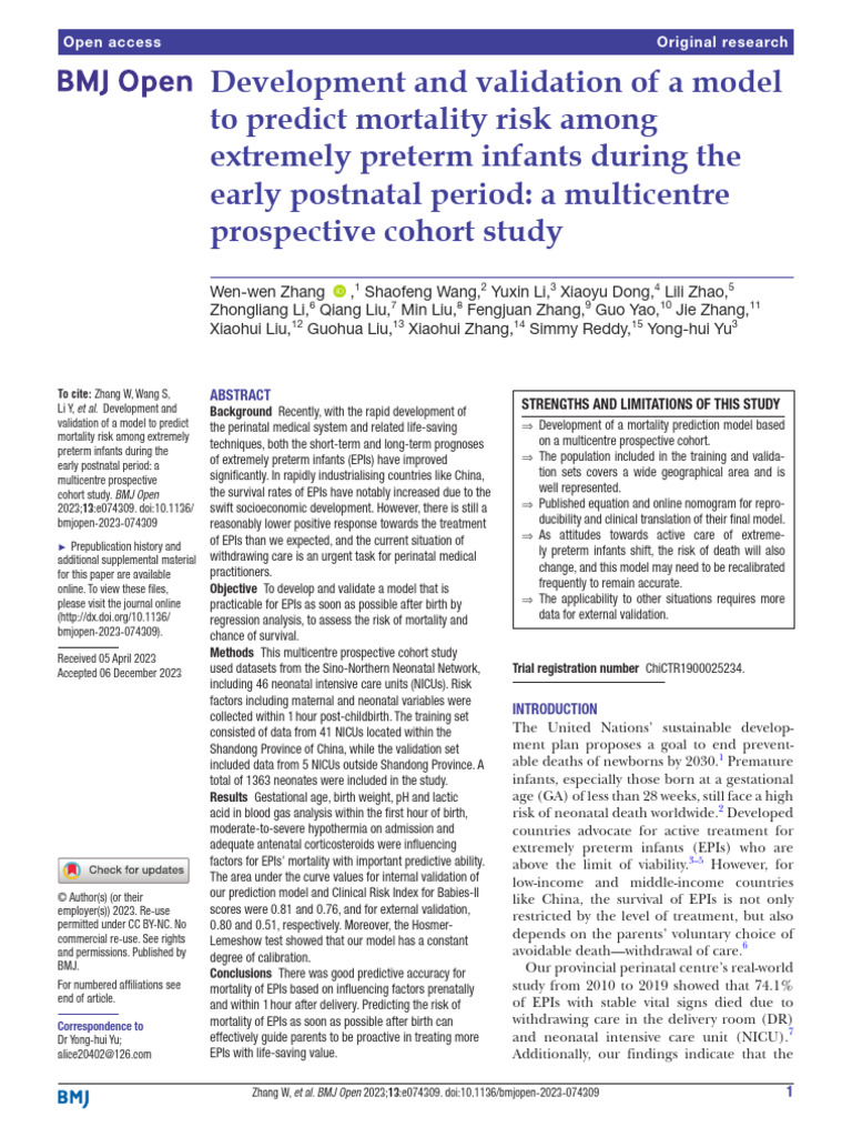 Mortality Risk Model for Preterm Infants | PDF | Neonatal Intensive ...
