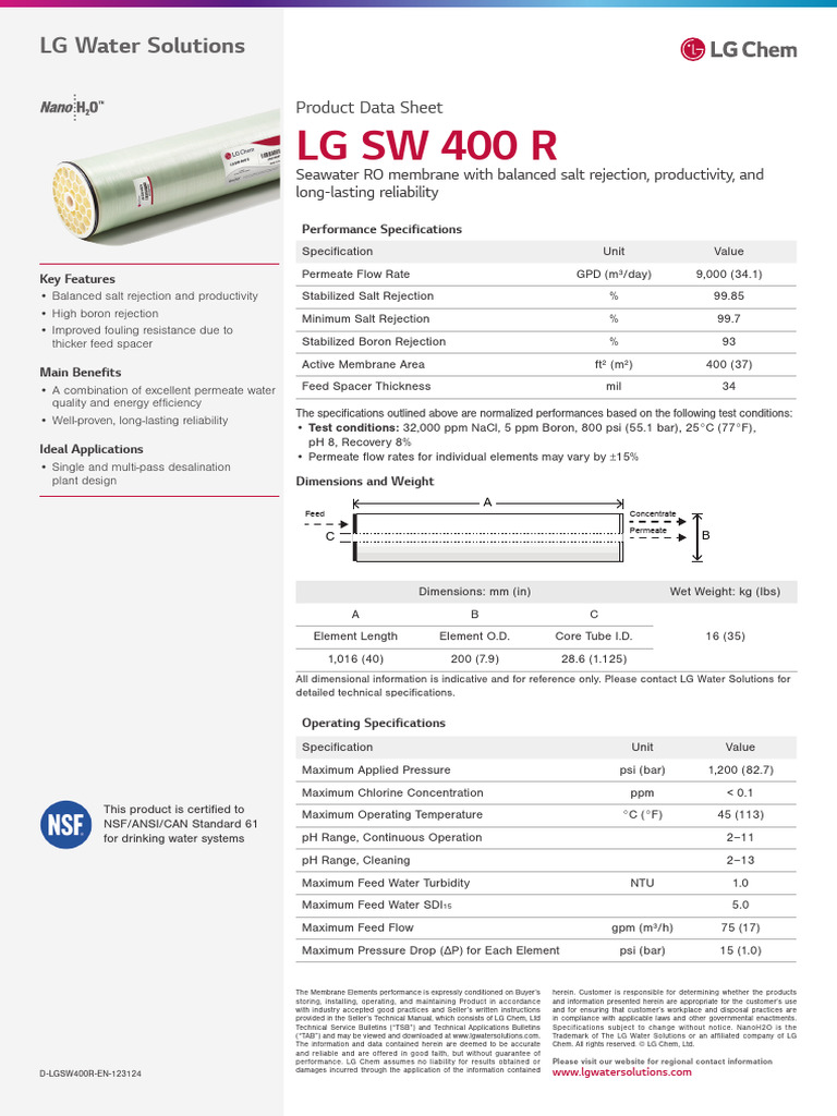 LG SW400R Membrane Specifications | PDF | Membrane | Materials