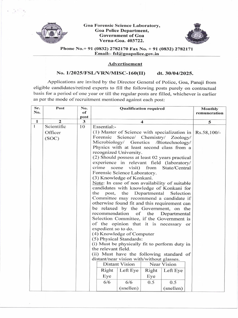Goa FSL Recruitment 2025 Announcement | PDF | Crime Scene | Forensic ...