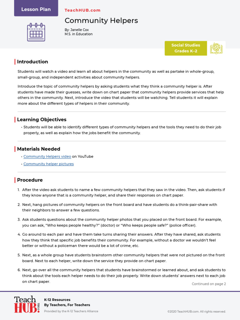 K-2 Lesson Plan on Community Helpers | PDF | Lesson Plan | Learning