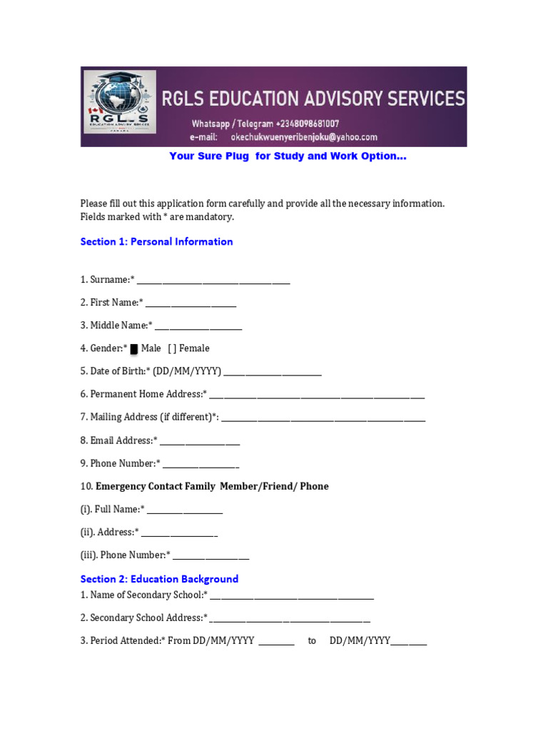 RGLS Education Advisory Services Application Form-2 | PDF | Diploma | Fee