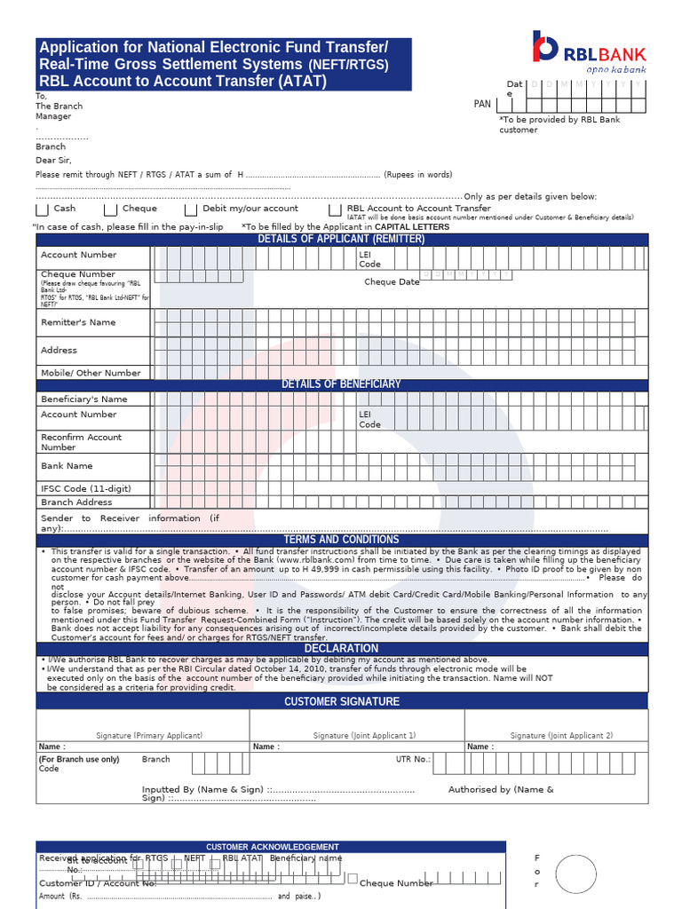 Neft Rtgs To Atat Form | PDF | Service Industries | Money