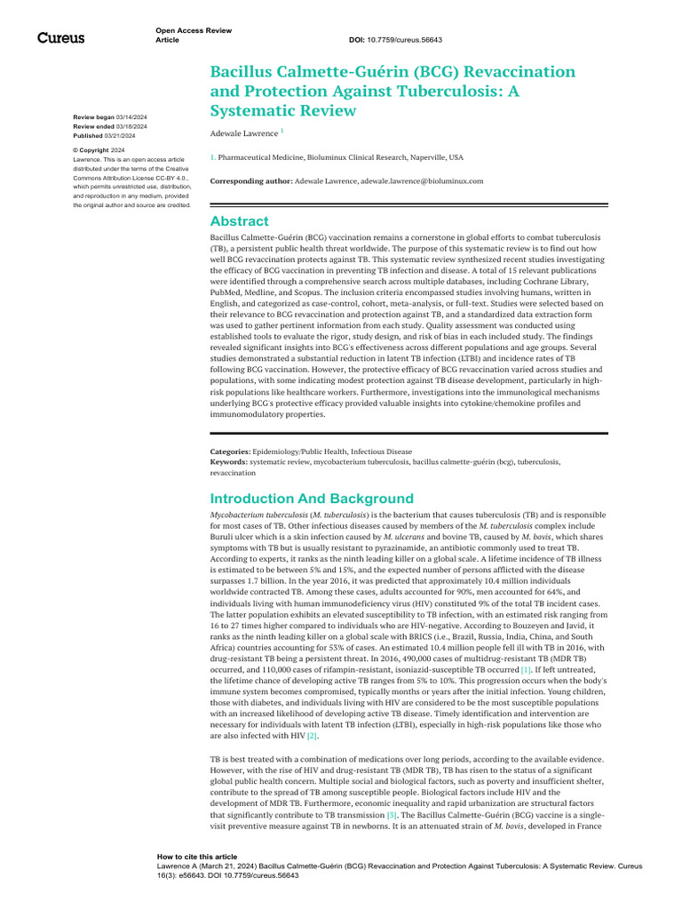 BCG Revaccination's Impact on TB Protection | PDF | Tuberculosis ...