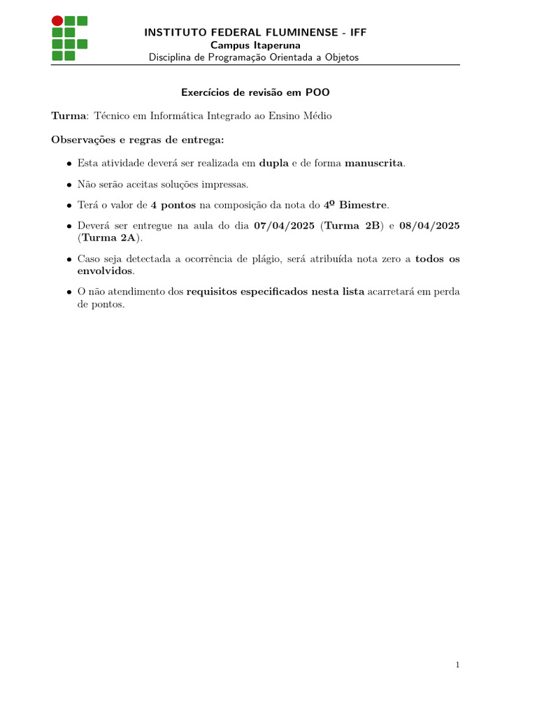 Exercícios de Revisão em POO - IFF | PDF | Classe (programação de ...
