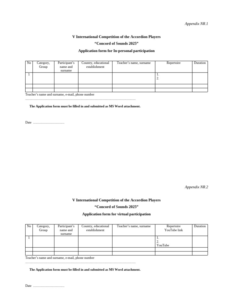 Accordion Competition 2025 Application Forms | PDF