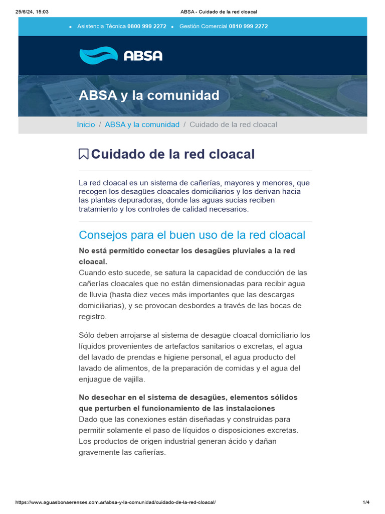 ABSA - Cuidado de la red cloacal | PDF | Agua | Alcantarillado