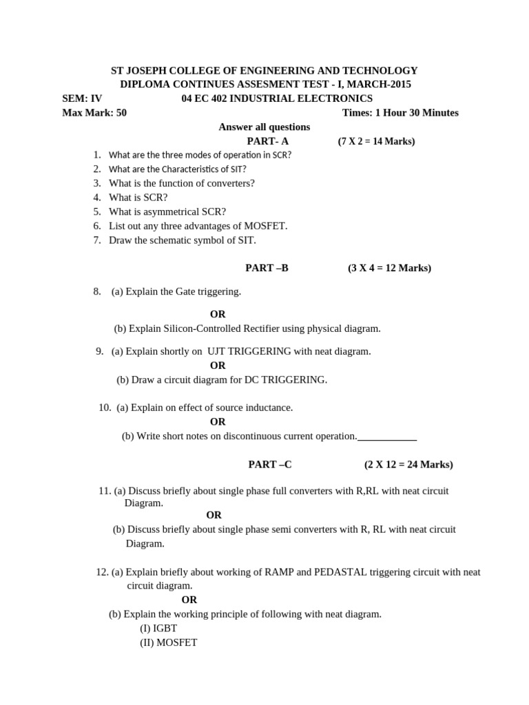 Industrial Electronics Assessment Test 2015 | PDF