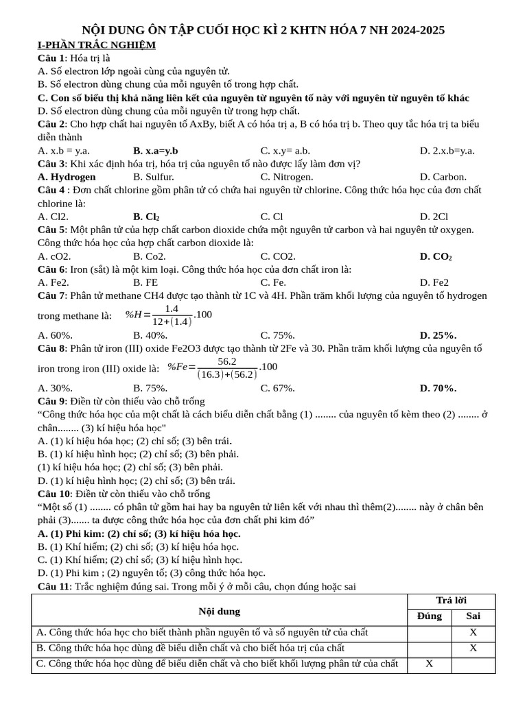 NỘI DUNG ÔN TẬP CUỐI HỌC KÌ 2 KHTN HÓA 7 NH 2024 | PDF