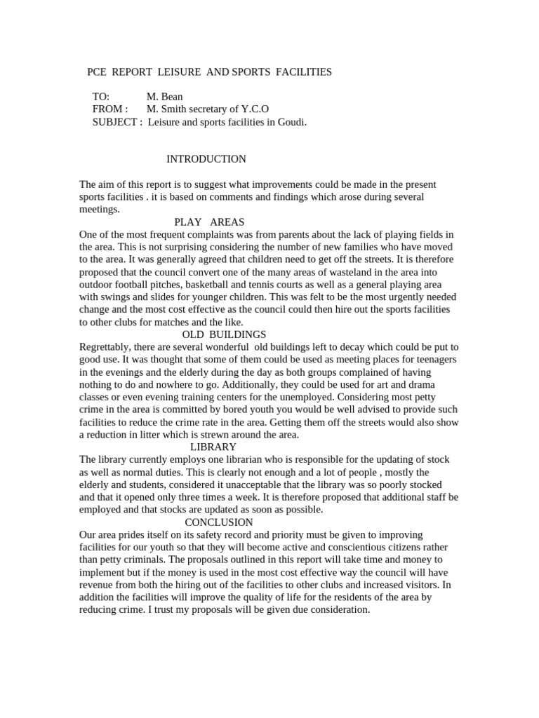 Pce Report Leisure and Sports Facilities | PDF