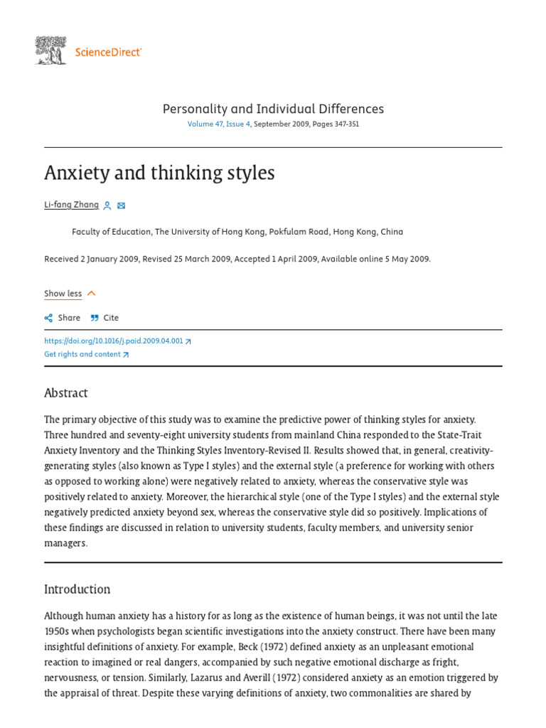 Anxiety and Thinking Styles Study | PDF | Anxiety | Mental Disorder