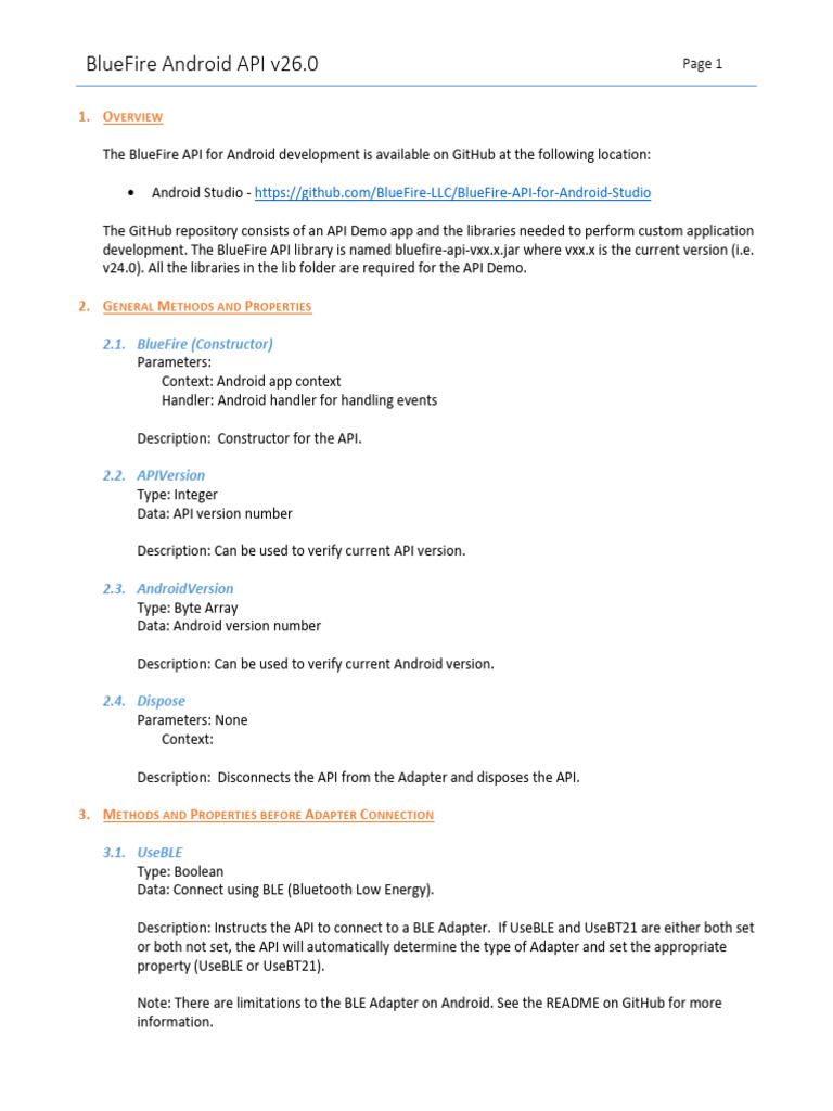BlueFire Android API Overview v26.0 | PDF | Boolean Data Type | Computing