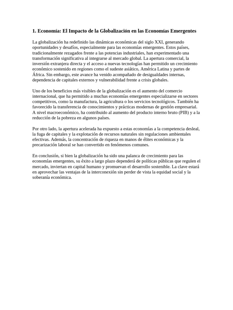Impacto de la Globalización en Economías Emergentes | PDF