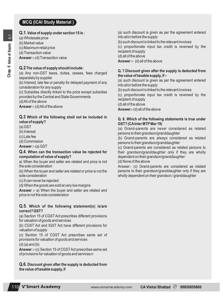 MCQs on Value of Supply under GST | PDF | Value Added Tax | Taxes