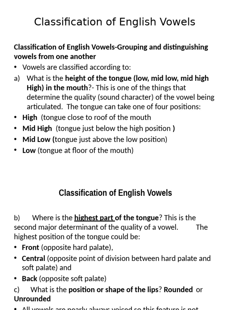 ELO 1.2 B Summary Classification of English Vowelsn R | PDF