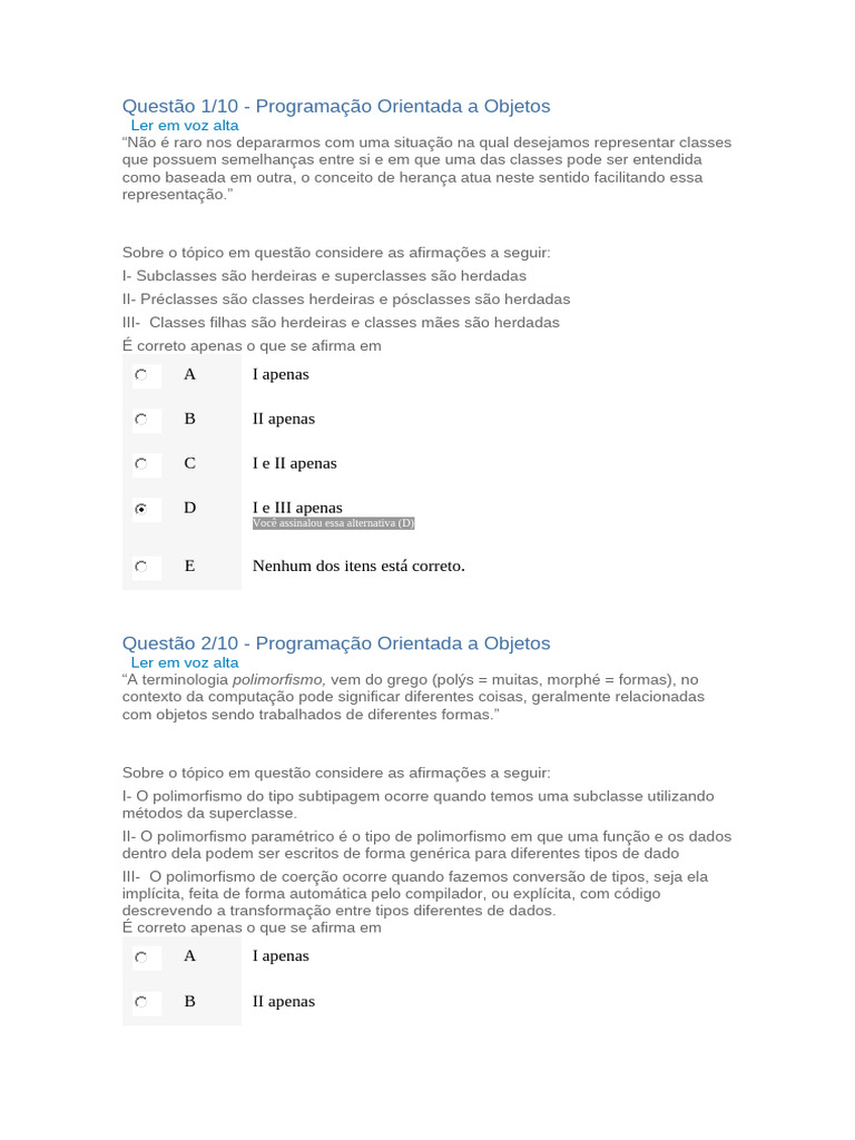Prova de Programação Orientada a Objetos | PDF | Classe (programação de ...