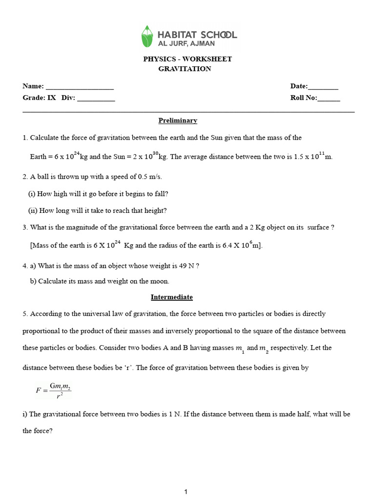 Gravitational Force Physics Worksheet | PDF | Newton's Law Of Universal ...
