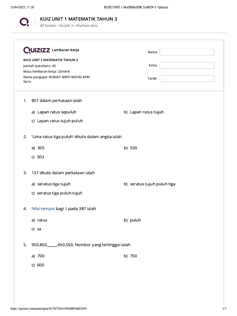 KUIZ UNIT 1 MATEMATIK TAHUN 3 - Quizizz | PDF