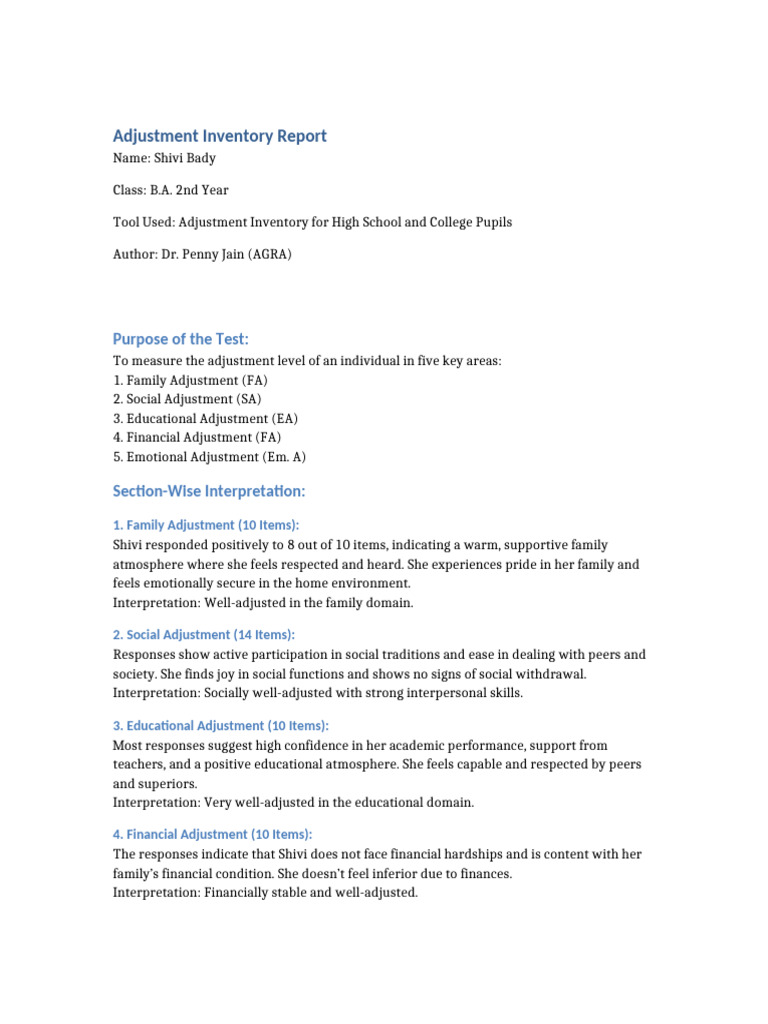 Adjustment Inventory Report | PDF | Anxiety | Anger