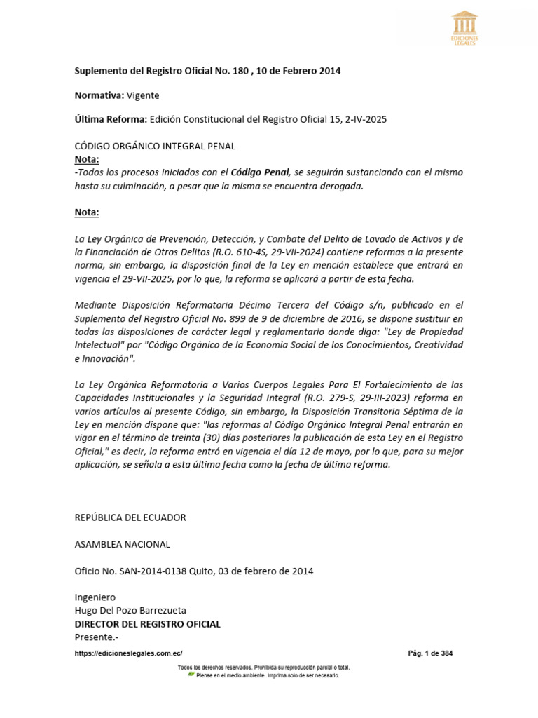 COIP Actualizado 2025: Reformas y Normativa | PDF | Derecho penal | Ley ...