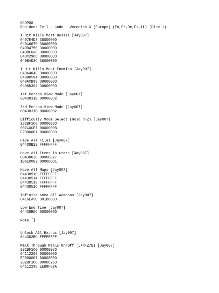 Code Veronica X Cheat Codes Guide | PDF