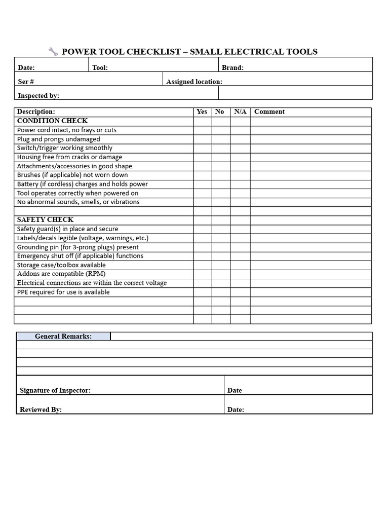 Power Tool Inspection Checklist | PDF