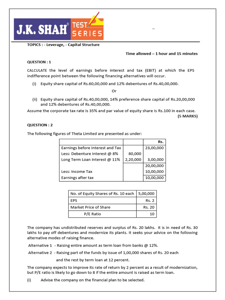 CA Intermediate FM Exam Questions | PDF | Leverage (Finance) | Taxes