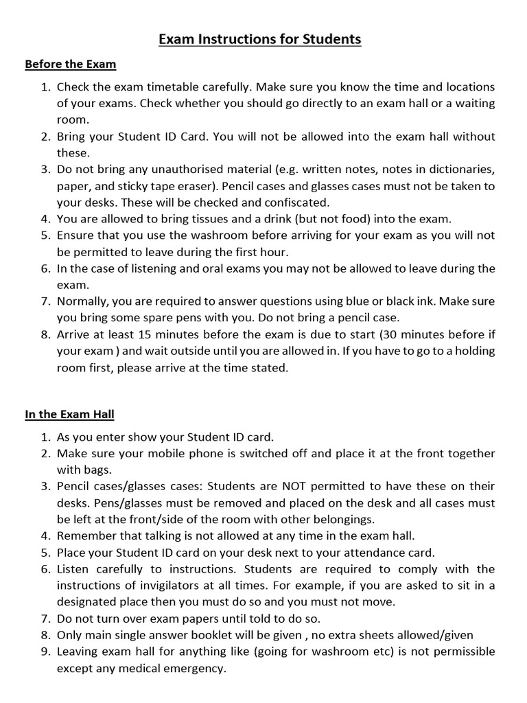 Exam Instructions for Students | PDF