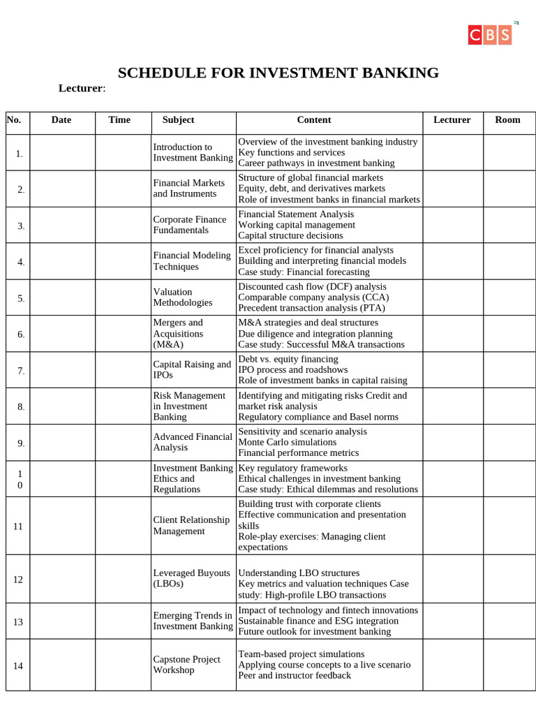 Investment Banking Course Schedule | PDF | Investment Banking | Mergers ...