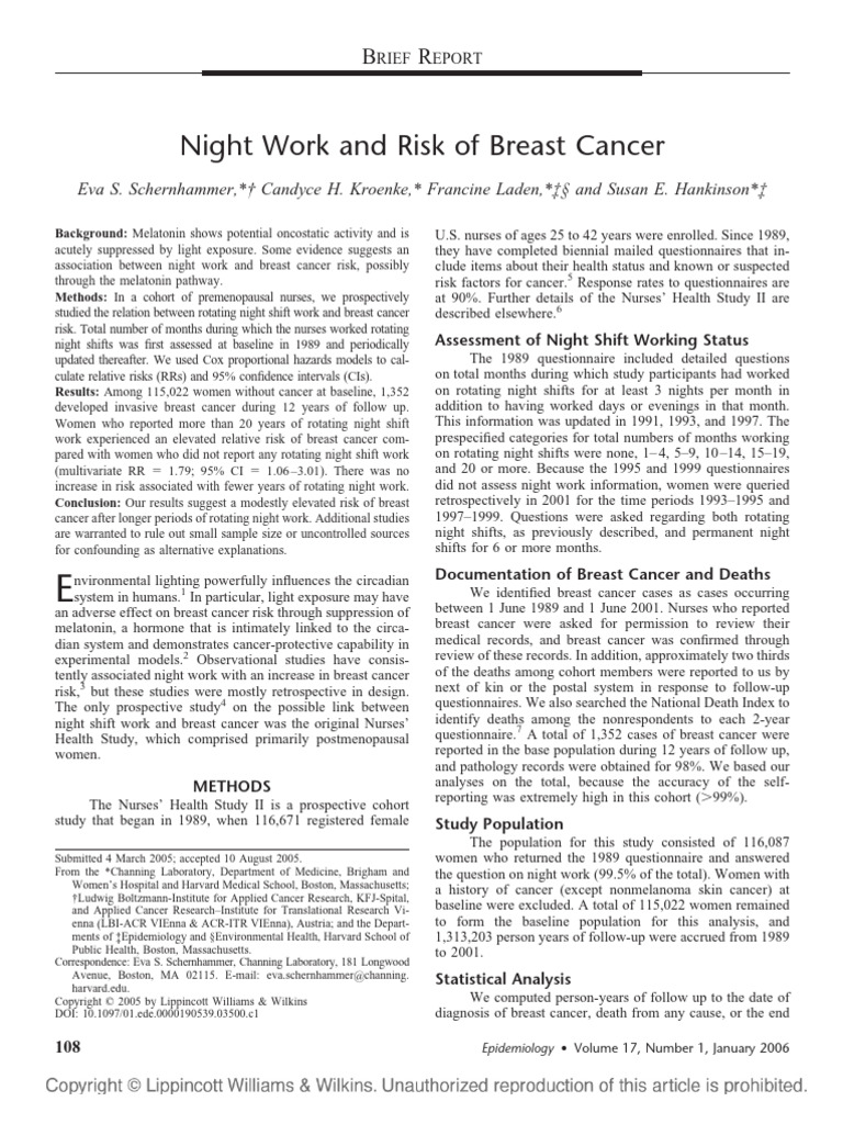 Night Work and Risk of Breast Cancer.19 | PDF | Cohort Study | Shift Work